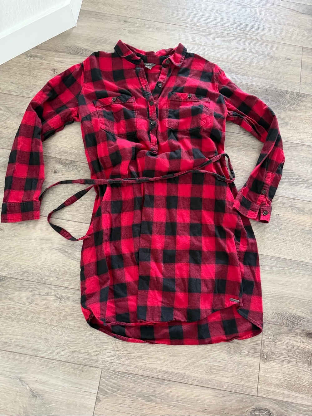 Red and Black Plaid Shirt Dress with Waist Tie